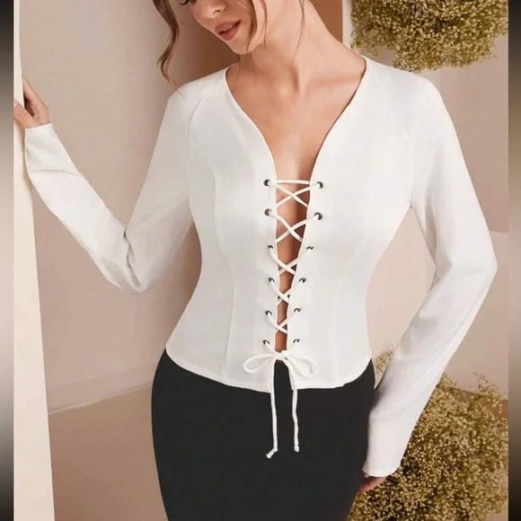 White satin lace up long sleeves top - Picture 1 of 5